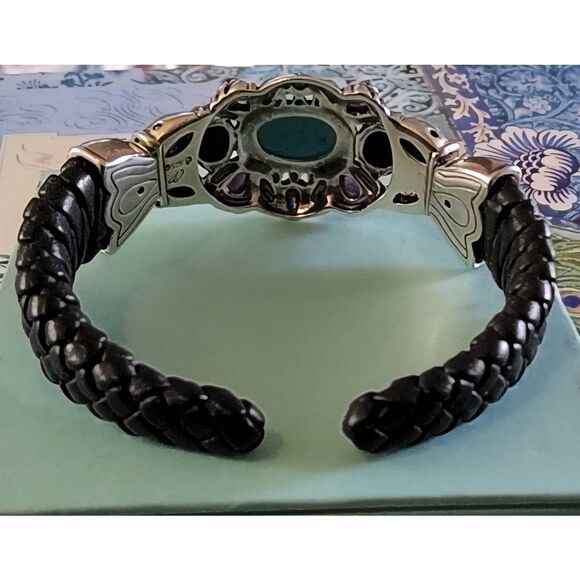 CAROLYN POLLACK RELIOS 925SS Turquoise~Amethyst~Abalone Leather Cuff Bracelet - Picture 3 of 6